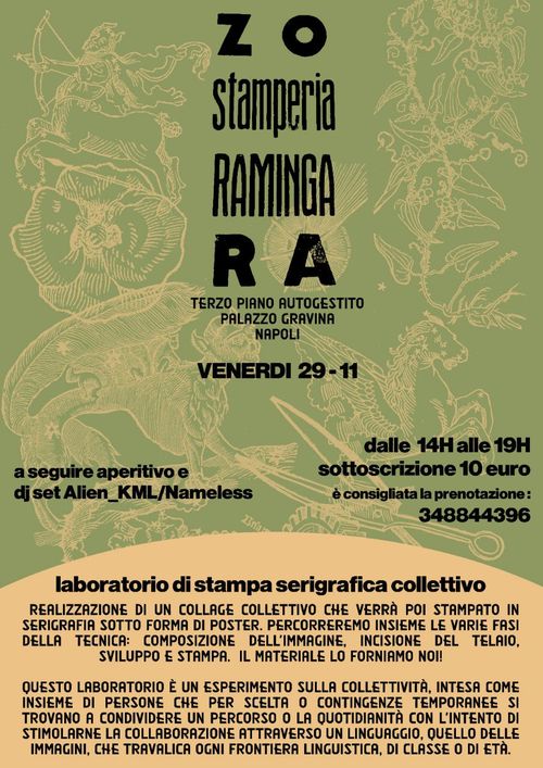 Laboratorio di serigrafia con ZORA-stamperia raminga + dj set by ALIEN_KML/Nameless